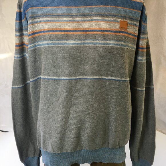 Bench Men's Blue Gray Yellow Stripe Crew Neck Sweater Size L Large Tight Knit - Picture 10 of 16